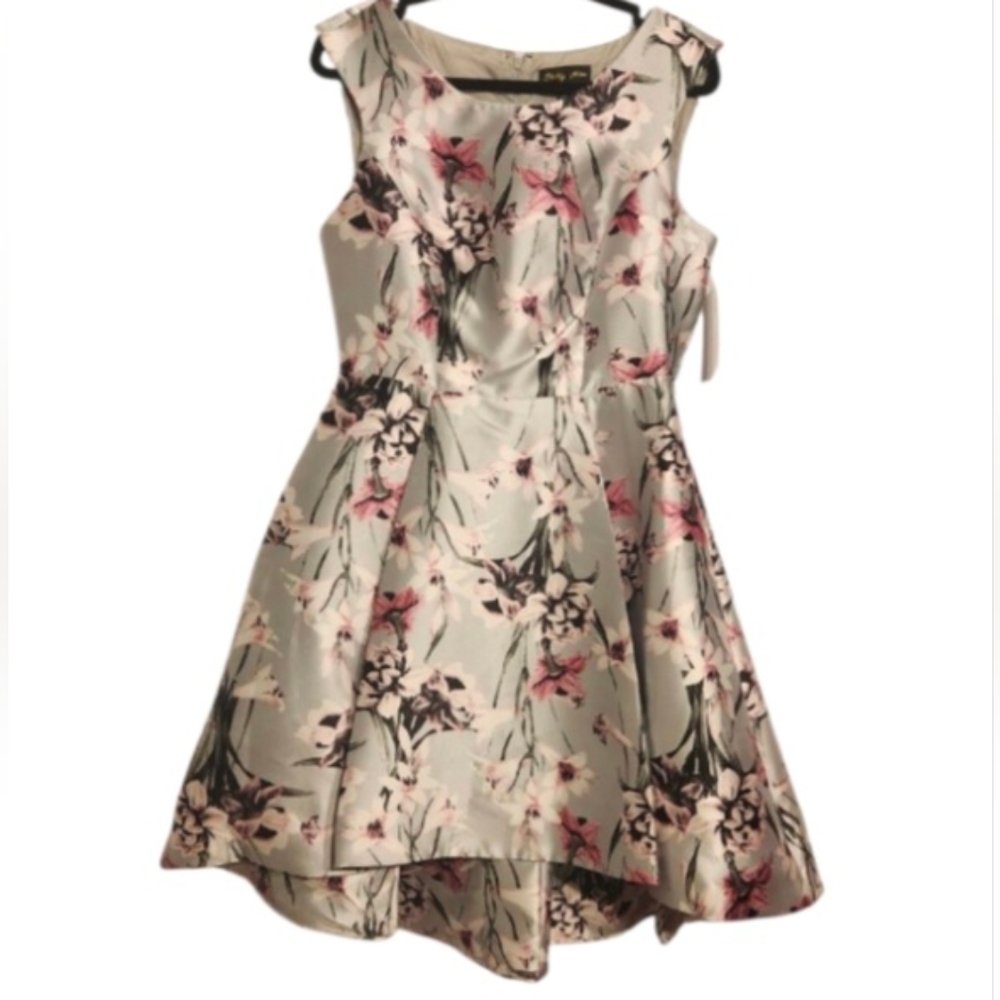 Size 10 Shelby Nites Floral Pleated High Low Fit and Flare Sleeveless Dress